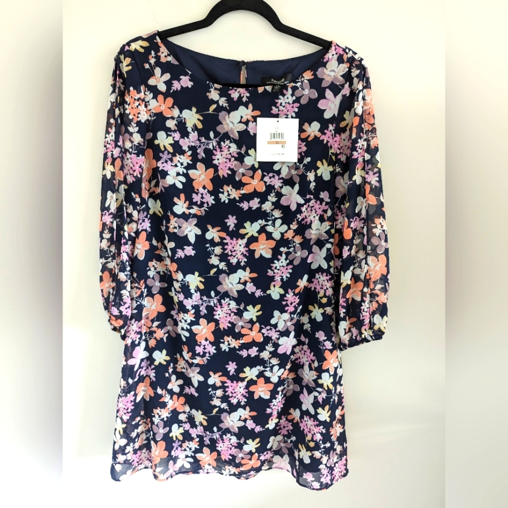 Kensie Dress sz 12 Navy Floral Boho Cold Shoulder Fit and Flared